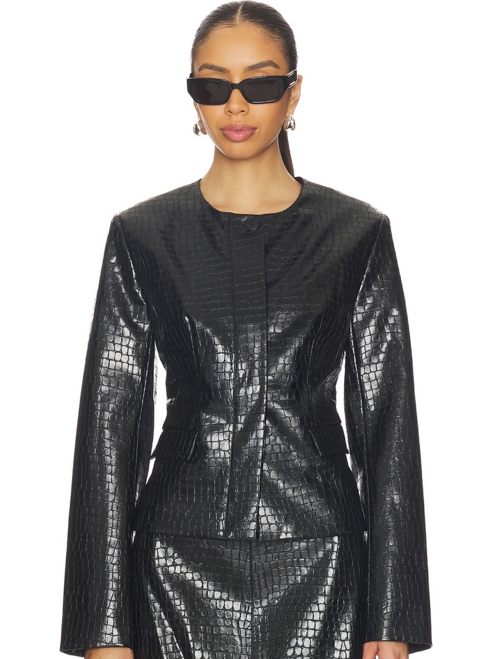 L'Academie Black Croc-Embossed Faux Leather Collarless Blazer